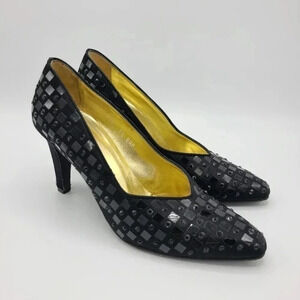 Vintage St. John Black Embellished Sequin Sparkle Pointed Toe Heels Pumps 7.5